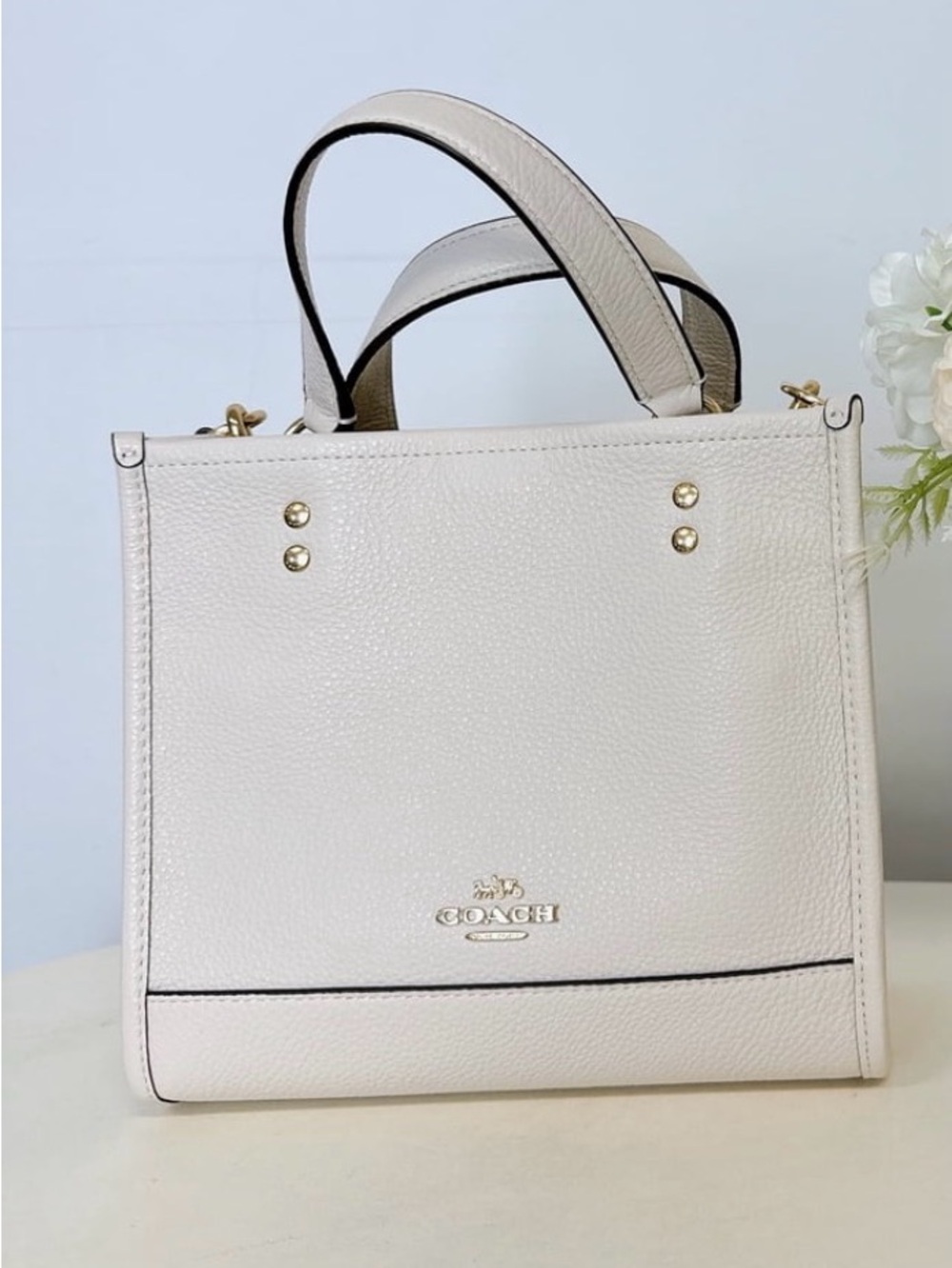 Coach Pebbled Leather Top-Handle Satchel in Cream with Gold Hardware